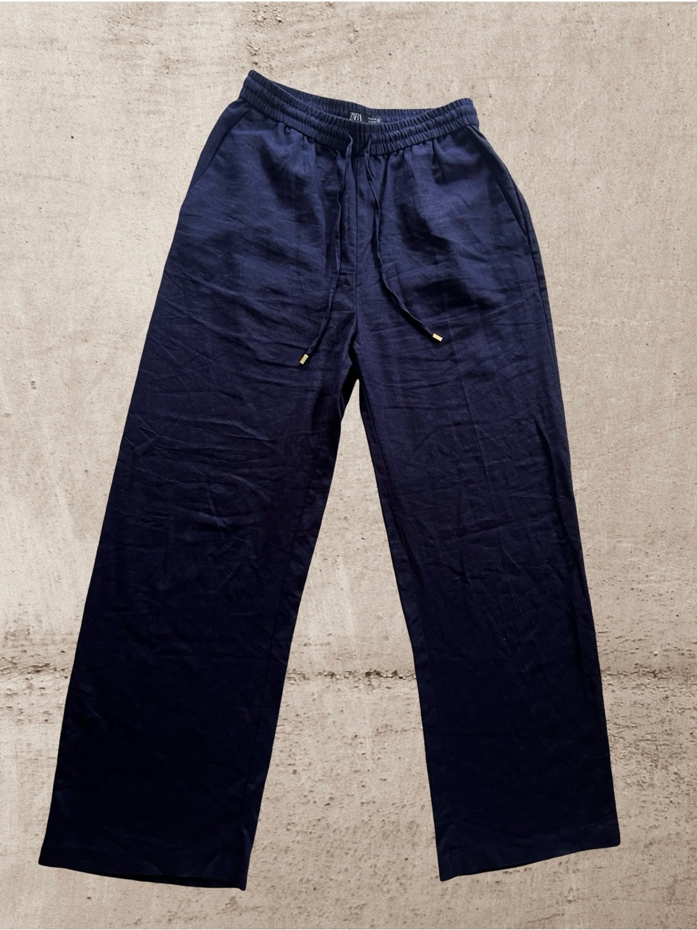 ZARA Linen Blend Wide Leg Pants Navy Midnight Blue Drawstring Trousers